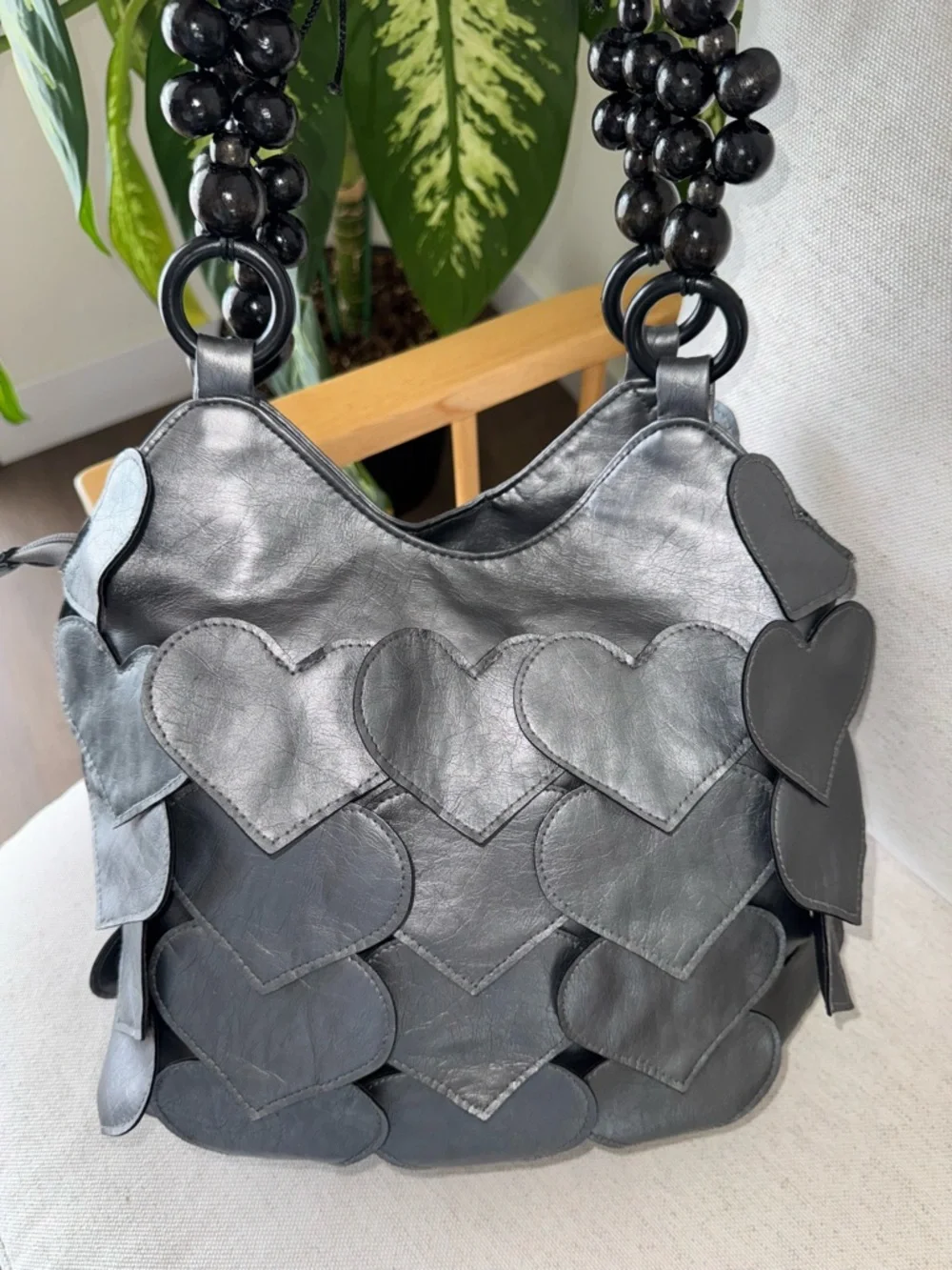 RARE Gray Faux Leather Retro Groovy Hearts Flap Beaded Handle Shoulder Bag Purse